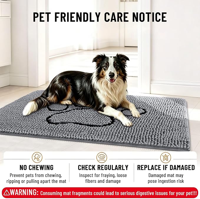 Smiry Dog Door Mat for Muddy Paws, Absorbent Dirt Trapper Non Slip Quick Dry Washable Chenille Mat for Mud Dogs, Entry Rug for Indoor and Outdoor (70x32 Inches, Grey and Black)