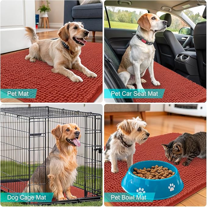 OLANLY Dog Door Mat for Muddy Paws 59x35, Absorbs Moisture and Dirt, Absorbent Non-Slip Washable Doormat, Quick Dry Chenille Mud Mat for Dogs, Entry Indoor Entryway Carpet for Inside Floor, Maple Red