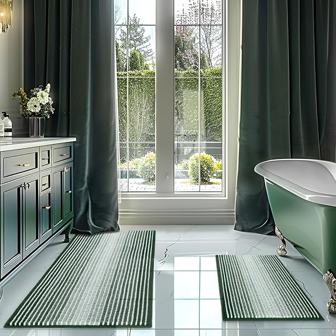 Bathroom Rugs and Mats Sets, 2 Piece Thick Absorbent Chenille Bath Mat Rug Set Non Slip, Soft Shaggy Bath Room Floor Mats for Bathroom, Machine Washable (Hunter Green, 20" x 47" Plus 20" x 32")