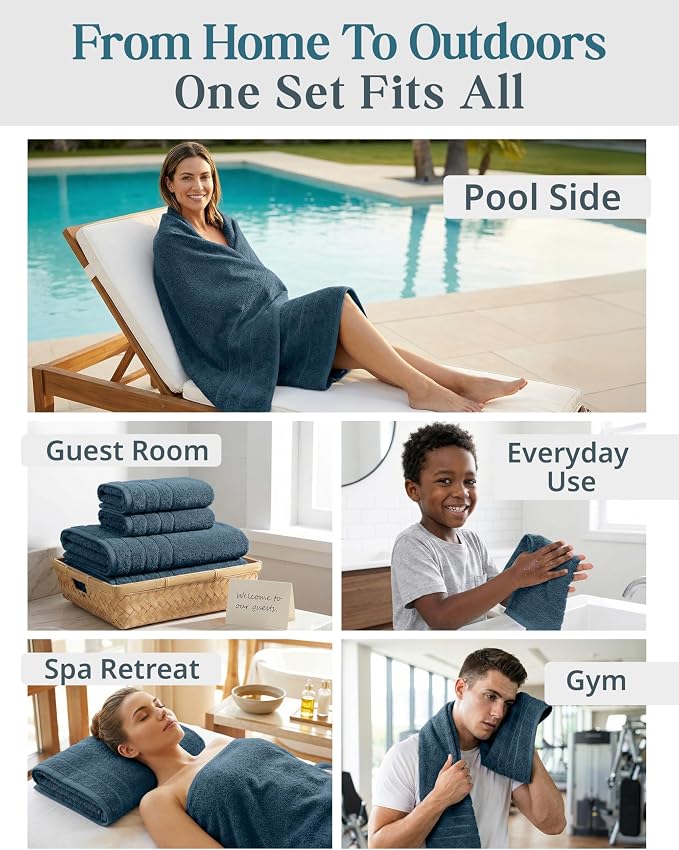 CASA PLATINO 100% Luxury Cotton Bathroom Towels Set - 12 Pc - Super Soft, Quick Dry & Highly Absorbent - 4 Bath, 4 Washcloth, 4 Hand Towels - Premium Hotel Quality, Ideal for Spa & Salons - Steel Blue