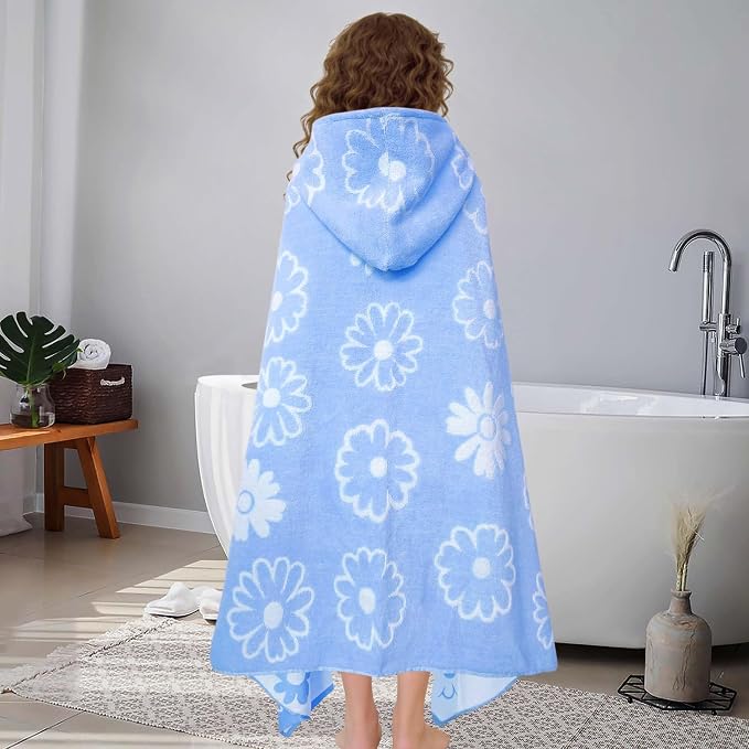 VOOVA & MOVAS Hooded Bath Towels for Teens/Big Kids (8Years Up) | Soft Absorbent 100% Cotton Thick Towel Wrap | Versatile Beach, Pool, Swim & Bath Cover-Up | Jacquard Blue Daisy