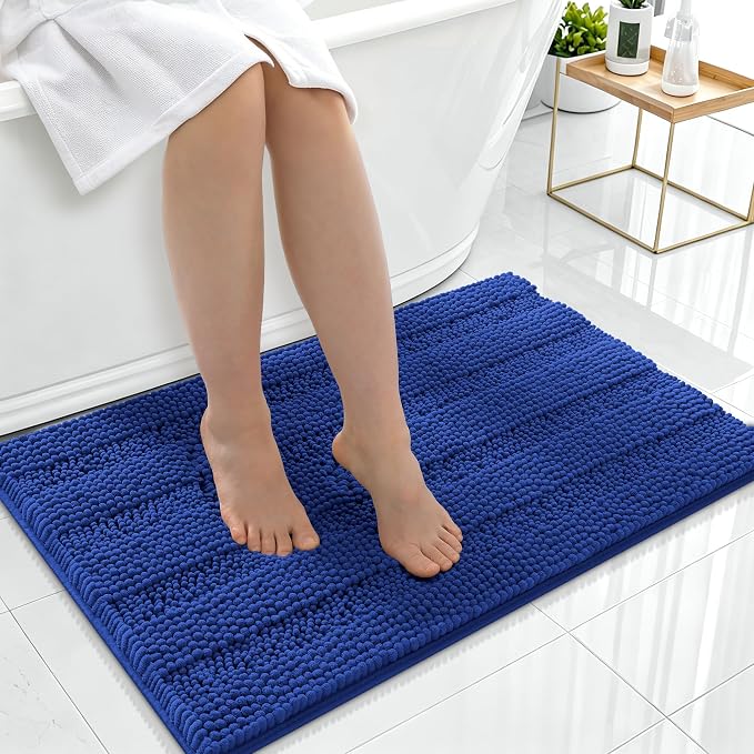 Smiry Thick Chenille Bathroom Rugs 36x24, Extra Soft Absorbent Striped Bath Mat, Machine Washable, Rubber Backing, Bath Rugs for Bathroom, Tub & Shower, Home Decor Accessories, Royal Blue