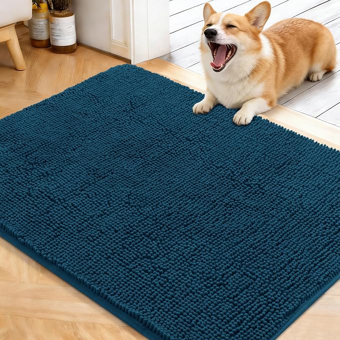 OLANLY Dog Door Mat for Muddy Paws 40x32, Absorbs Moisture and Dirt, Absorbent Non-Slip Washable Doormat, Quick Dry Chenille Mud Mat, Entry Indoor Entryway Carpet for Inside Floor, Atlantic Blue