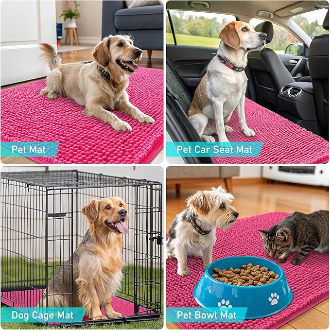 OLANLY Dog Door Mat for Muddy Paws 54x32, Absorbs Moisture and Dirt, Absorbent Non-Slip Washable Doormat, Quick Dry Chenille Mud Mat for Dogs, Entry Indoor Entryway Carpet for Inside Floor, Hot Pink