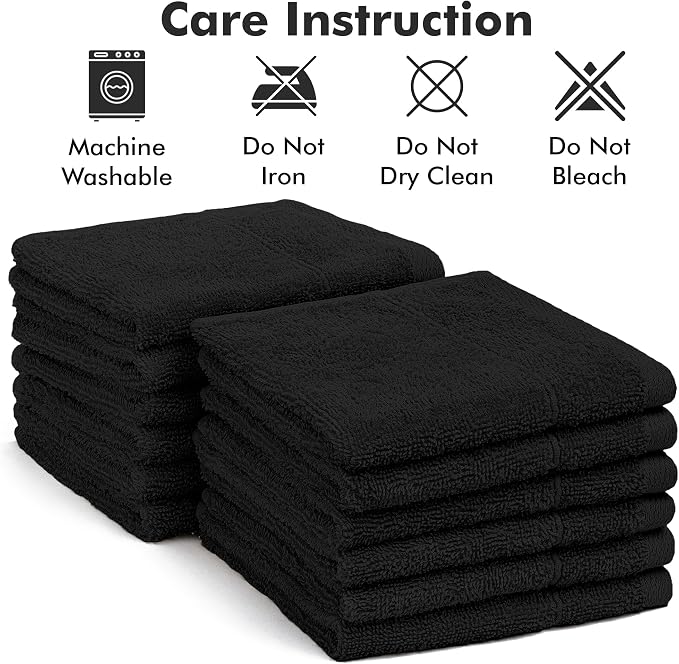 Face Towels Pack of 12 – 100% Cotton Wash Cloths (12x12 inch) – 550 GSM Soft, Quick Dry & Highly Absorbent Ring Spun Cotton Towels for Bathroom, Spa, Gym, Kitchen and for Daily Use - (Black)