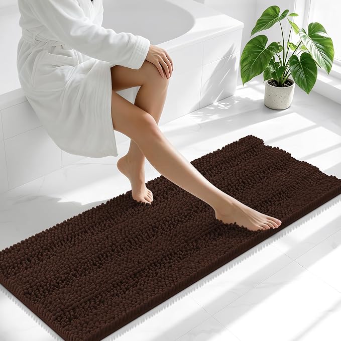 Smiry Thick Chenille Bathroom Runner Rugs 47x17, Extra Absorbent Striped Bath Mat, Machine Washable, Rubber Backing, Long Bath Rugs for Tub & Shower, Modern Home Decor Accessories, Brown