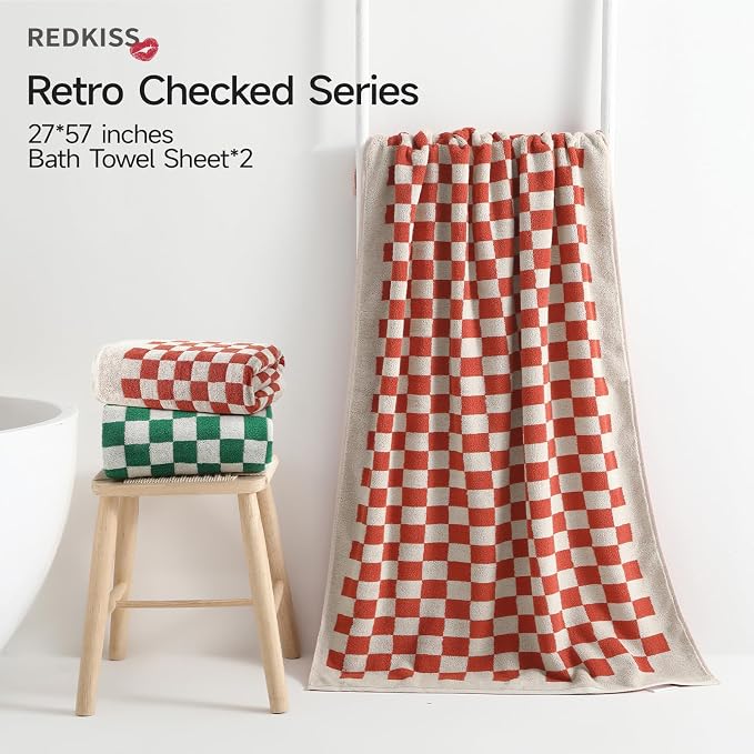 REDKISS 2 Piece Large Green and Red Bath Towels Set -Highly Absorbent 600GSM Cotton Checkered Towels for Bathroom Decoration, Retro Green Red Checkered Design