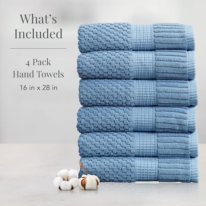 NY Loft 100% Cotton 6-Pack Hand Towel Set | Blue | Oeko-TEX | Quick-Dry | Six 16" x 28" Hand Towels | Super Absorbent | Designer-Styled Texture