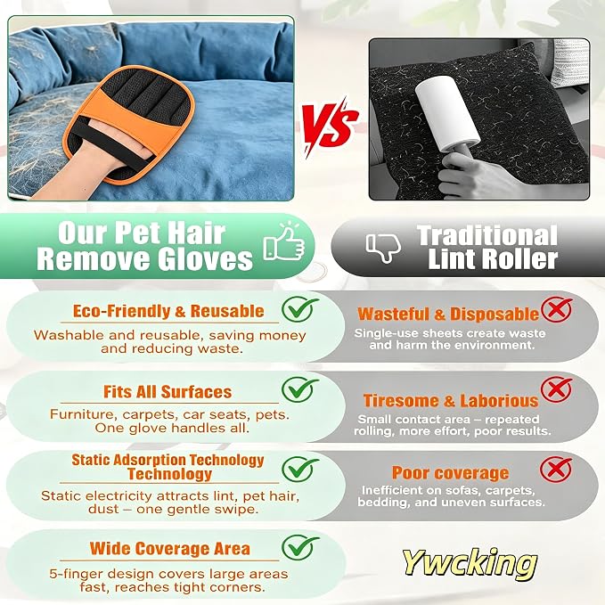 2 Pack Pet Hair Removal Gloves, Reusable Electrostatic Dog Cat Hair Remover Glove for Furniture Car Seats Clothing, Washable Grooming Mitts for Shedding-Orange | 2 Pack Pet Hair Removal Gloves