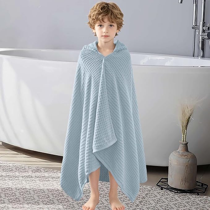 VOOVA & MOVAS Hooded Bath Towels for Kids | Soft Absorbent 100% Cotton Thick Towel Wrap | Versatile Beach, Pool, Swim & Bath Cover-Up | Dark Grey Blue Solid Waffle