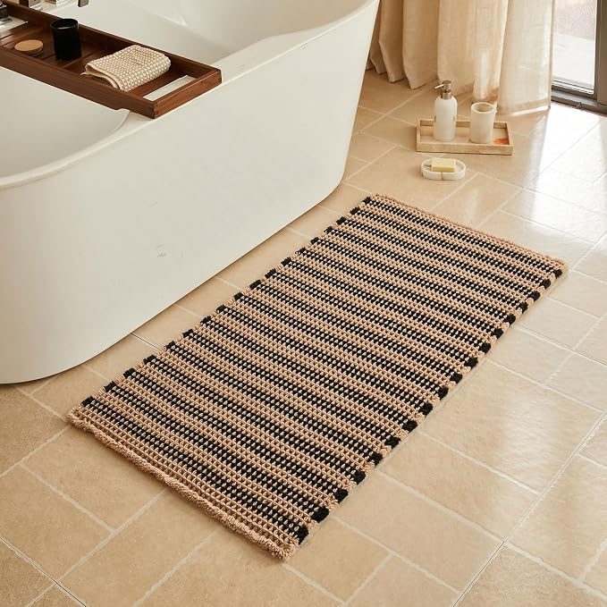 Triohero Waffle Bath Mat, Boho Bathroom Rugs Non Slip Washable, Ultra Soft Super Absorbent Quick Dry Farmhouse Bathroom Decor, 24" x 48", Khaki & Black