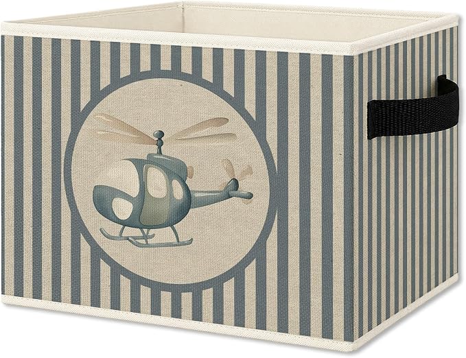 Boy Airplane Nursery Foldable Storage Bins Box with Handles, Blue Striped Helicopter Toddler Boy Collapsible Organizer Basket for Boys Kids Bedroom Bathroom Playroom Clothes Books