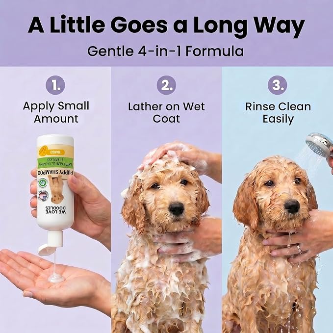 Puppy Shampoo & Conditioner | Made in USA | Tear Free | Best Shampoo for Puppies | Sensitive & Itchy Skin Wash | Oatmeal Bathing | Tearless, Mango, 8oz [We Love Doodles]