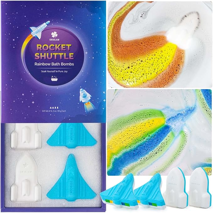 Space Rocket Bath Bombs for Kids Boys, 4 XL Natural & Organic Kid Bath Bombs with Surprise Color Inside, Rainbow Bath Bomb for Kids Bubble Bath, Halloween Christmas Birthday Gifts for Men