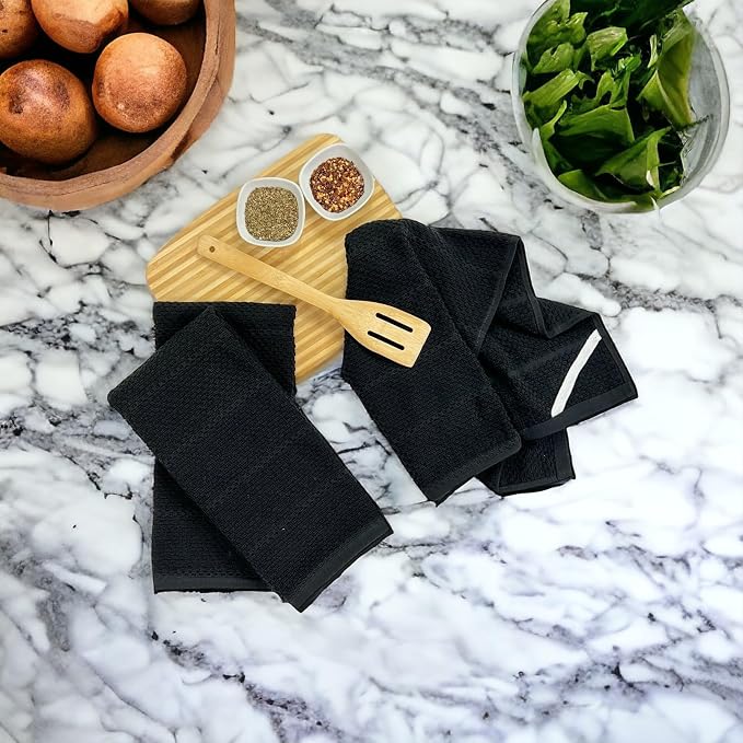 Serafina Home Black Textured Kitchen Hand Dish Towels 100% Cotton Cloth Soft Cleaning Drying Absorbent Terry Loop: Set of 3 Multipurpose for Everyday Use
