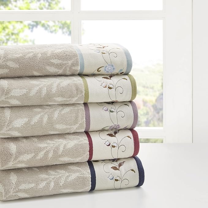 Madison Park Serene 100% Cotton Bath Towel Set Luxurious Floral Decorative Towels for Bathroom Embroidered Cotton Jacquard Design Soft Highly Absorbent for Shower 600 GSM, Multi-Sizes, Blue 6 Piece