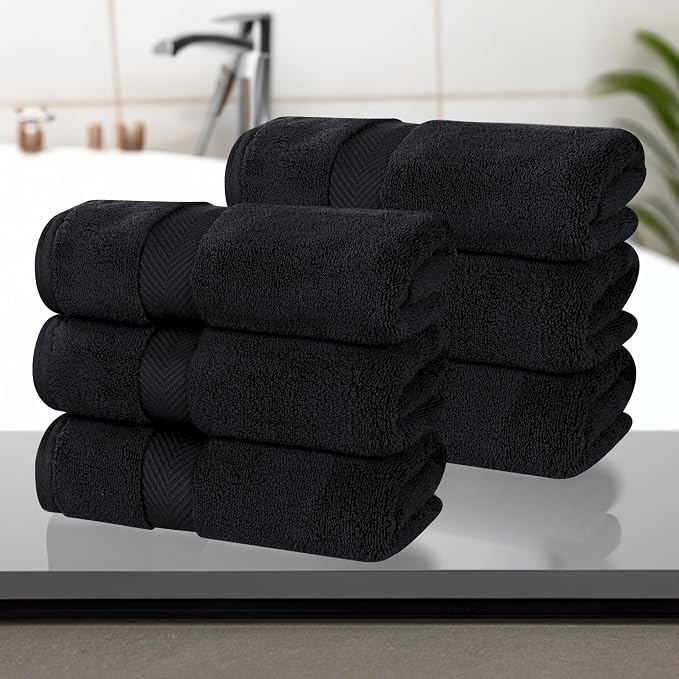 Superior Cotton Hand Towel Set, Medium Sized Towels, Plush Soft Absorbent Bathroom Basics, Home Essentials, Spa, Salon, Hotel, Kitchen, Luxury Quick Dry, Zero Twist Collection, Set of 6, Black