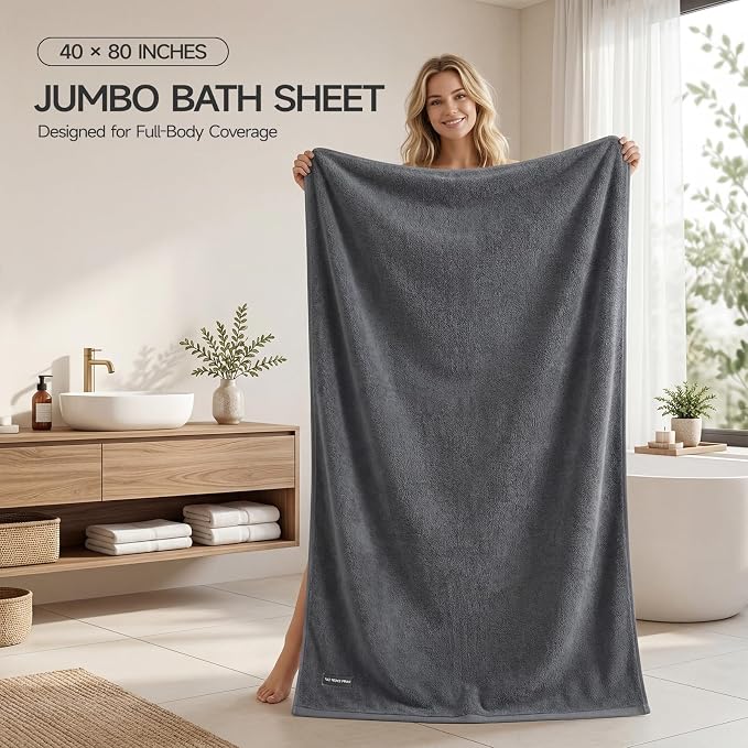 ecolook Pack of 1 Jumbo Bath Sheet (40 x 80 Inch), 980GSM 100% Cotton Extra Large Bath Towels, Super Soft Thick Highly Absorbent Oversized for Adults, Dark Grey