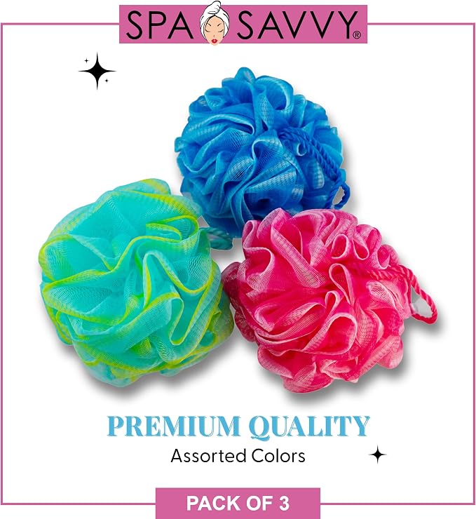 Bath Loofah Set, 3 Pack Shower Pouf Body Sponges with Suction Cups, Exfoliating Bath Accessories for Men and Women, Multicolor