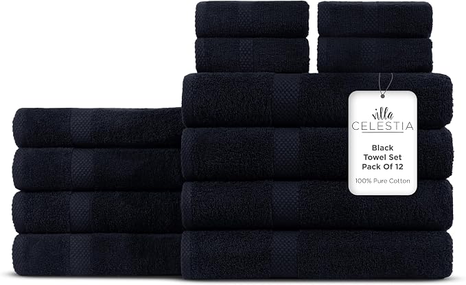 12-Piece 100% Cotton Towel Set, 4 Bath Towels, 4 Hand Towels, 4 Wash Cloth, Quick-Dry, Black