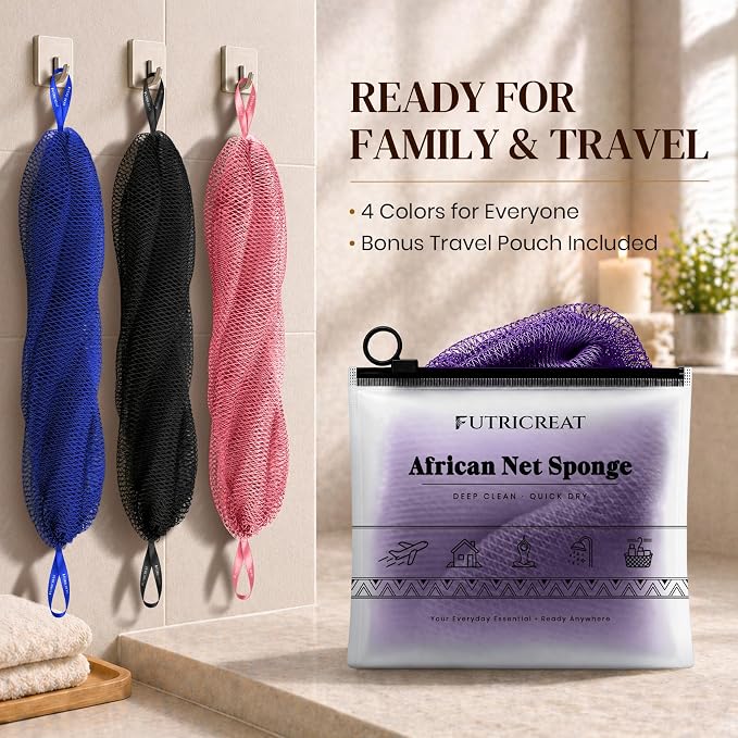 4 Pack African Net Sponge Authentic, Exfoliating Washcloth, Body & Back Scrubber, Better Alternative to Traditional Loofahs, Perfect for Daily Shower & Travel, Blush Pink, Purple, Royal Blue & Black
