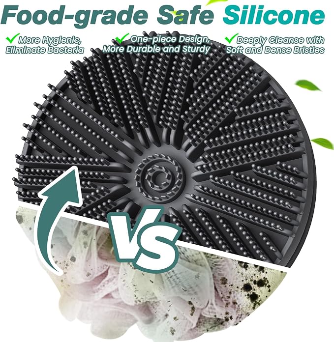 Manmihealth Silicone Back Scrubber & Soft Bath Glove Set 4 PCS(Thick Bristles), Super-Exfoliating Body Scrubber & Super-Lathering Shower Brush Combination, with 2 Adhesive Hook(Gray)