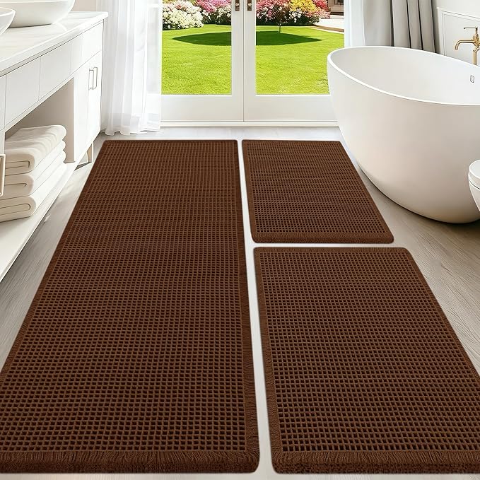 Upgraded Waffle Bath Mat Set 3 Piece Brown, Super Absorbent Non-Slip Quick Dry Bathroom Rugs with Tassels, Machine Washable Ultra Soft Boho Bath Rugs for Floor, Toilet Mats Boho Farmhouse Decor