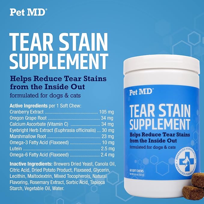 Pet MD Tear Stain Remover for Dogs & Cats - Antioxidant Eye Care Supplement with Lutein, Cranberry, & Omega 3 & 6 - Cat & Dog Tear Stain Remover Chews for White & Light Fur - 60 ct