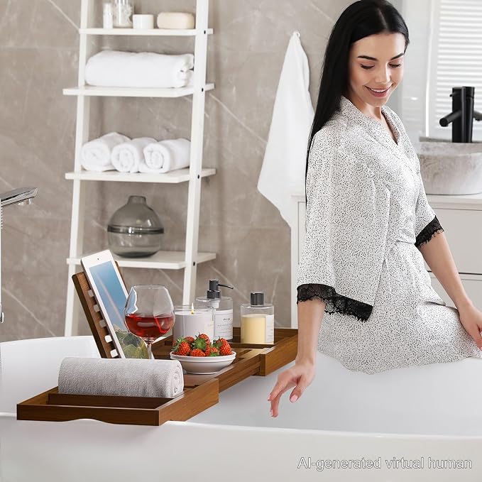 Expandable Solid Teak Wood Bathtub Caddy Tray, Adjustable Bath Tub Organizer for Bathroom Spa, Luxury Bath Accessories (Dark Natural Teak, Non‑Foldable Structure)