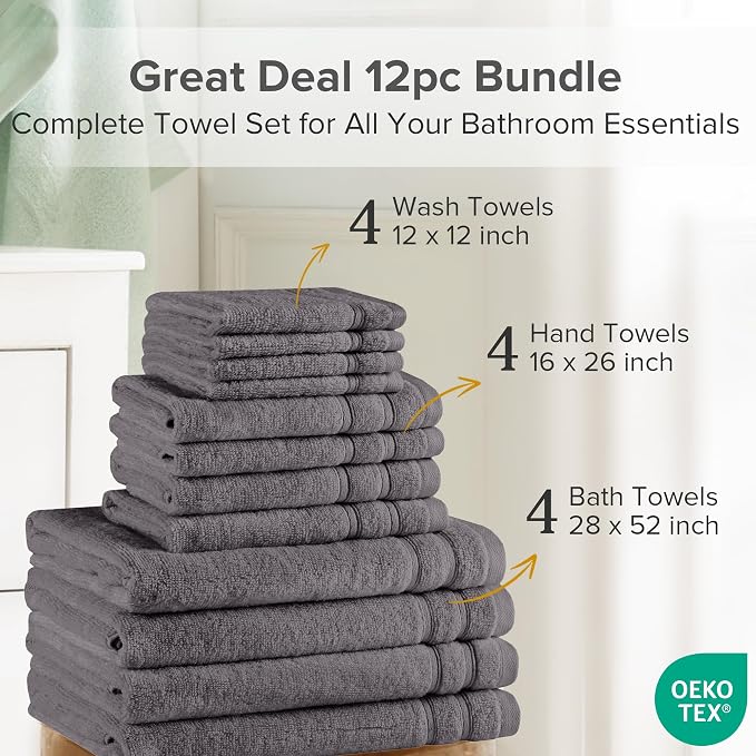 Comfort Spaces 12 Pc Towel Set, 100% Cotton Zero Twist, Dark Grey | Zero Twist Cotton, Quick Dry Ultra Soft, 4 Bath 4 Hand 4 Washcloth, Lightweight Absorbent for Everyday Bathroom Use