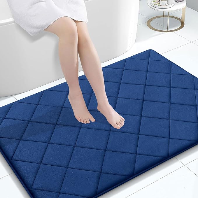 OLANLY Memory Foam Bath Mat 47x32, Ultra Soft and Absorbent Bathroom Rugs, Machine Washable, Comfortable Bath Carpet for Bathroom Floor, Tub and Shower, Navy