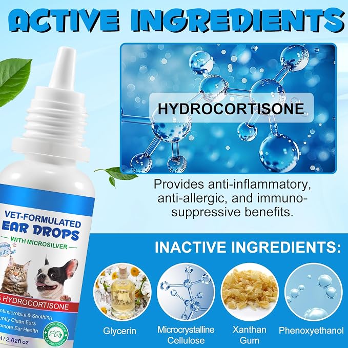 Ear Infection Treatment Drops for Dogs & Cats, Ear Cleaner Solution Drops for Dogs & Cats with 1% Hydrocortisone Soothing Yeast Infection, Itchy Ear Relief, Treats Ear Infections for Dogs - 2.02 fl oz