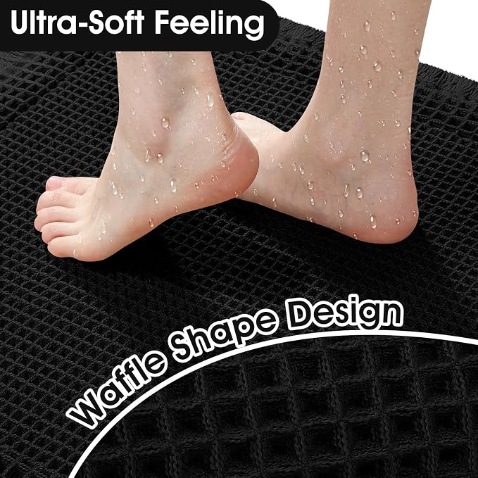 Upgraded Waffle Bath Mat Set 3 Piece Black-Bordered, Super Absorbent Non-Slip Quick Dry Bathroom Rugs with Tassels, Machine Washable Ultra Soft Boho Bath Rugs for Floor, Bath Mats Boho Farmhouse Decor