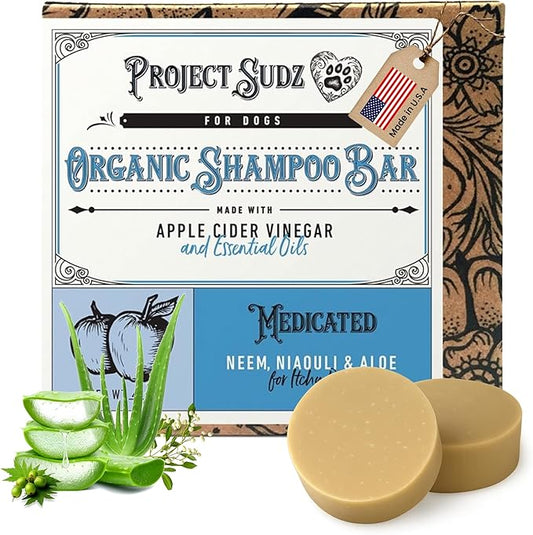 Medicated Organic Dog Shampoo Bar for Hot Spots, Dry Coat, and Allergies, All Natural Dog Shampoo with Neem, Aloe, and ACV, Eco-Friendly, Vet Recommended, 1 Bar for Sensitive Skin Relief