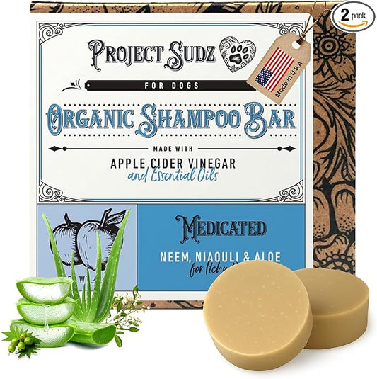 Medicated Organic Dog Shampoo Bar for Hot Spots, Dry Coat, and Allergies, All Natural Dog Shampoo with Neem, Aloe, and ACV, Eco-Friendly, Vet Recommended, 2 Bars for Sensitive Skin Relief