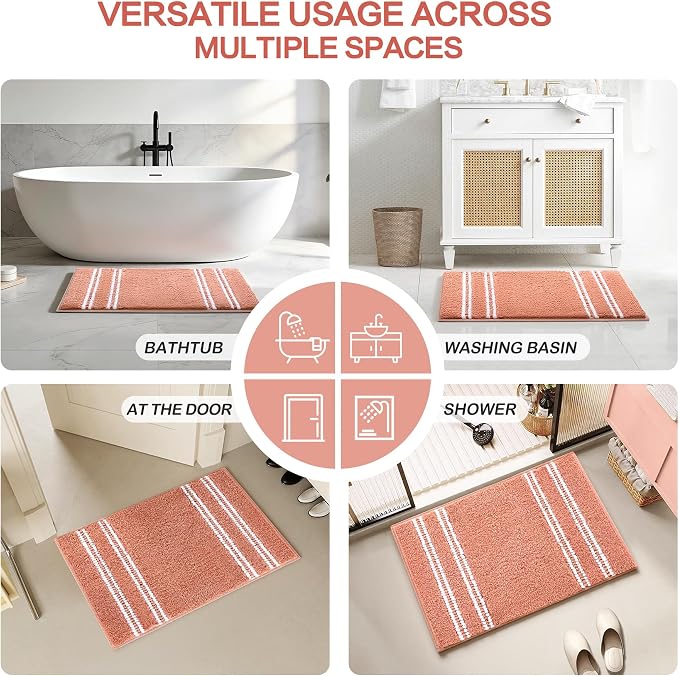 Kmson Bathroom Rugs Mat, 17"x24" Ultra Soft Washable Shaggy Chenille Bath Rugs, Non-Slip Fluffy Thick Water Absorbent Microfiber Mat for Bathtub, Sink and Shower, Pink