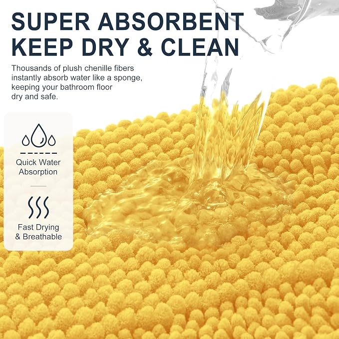 Smiry Thick Chenille Bathroom Rugs 36x24, Extra Soft Absorbent Striped Bath Mat, Machine Washable, Rubber Backing, Bath Rugs for Tub & Shower, Modern Home Decor Accessories, Yellow