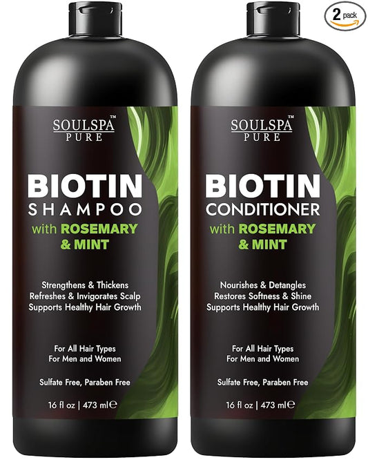 SOULSPA PURE Biotin Rosemary Shampoo and Conditioner Set - Sulfate Free Scalp Care & Hair Strengthening for Thinning, Color-Treated Hair - Rosemary Oil for Men & Women - 16 fl oz Each