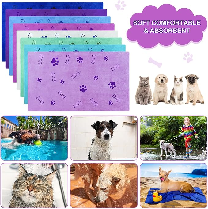 Chumia 8 Pcs Microfiber Dog Towels for Drying Dogs Cats 55 x 28 Inch Pet Towels Bulk for X-Large Puppy Absorbent Fast Drying Paw Bath Bathing Supplies for Pets(Dog Paw and Bone,Classic Color)