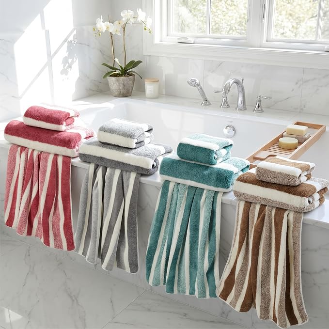 Newwiee 12 Pcs Stripe Bath Towel Sets Microfiber Bathroom Sheet Set Included 4 Highly Absorbent Soft Quick Dry Shower Bath Towels 4 Hand Towels 4 Washcloths for Bathroom, Hotel, Gym and Spa