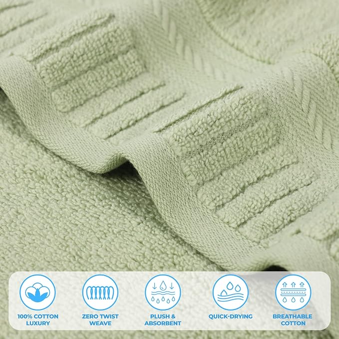 Superior Venice Zero Twist Cotton Medium Weight Towels, for Guest Bath, Bathroom, Shower, Spa, Plush Towels, Bath Essentials, Ribbed Textured Border, 3 Piece Assorted Towel Set, Green
