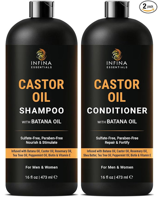 INFINA ESSENTIALS Castor Oil Shampoo and Conditioner Set | 16 fl oz Each | with Batana Oil | Strengthening, Thickening & Hydrating Formula | Supports Hair Growth & Fuller, Healthier Hair