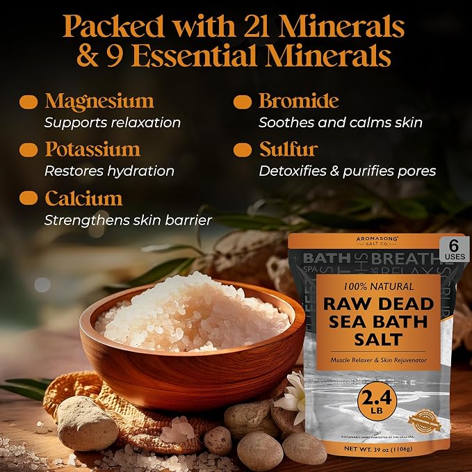 Aromasong Raw Dead Sea Bath Salt - Minimally Cleaned, Contains More Dead Sea Minerals Including Dead Sea Mud - 100% Pure & Natural Dead Sea Salts for Soaking 2.4 LB - Bulk Resealable Pack