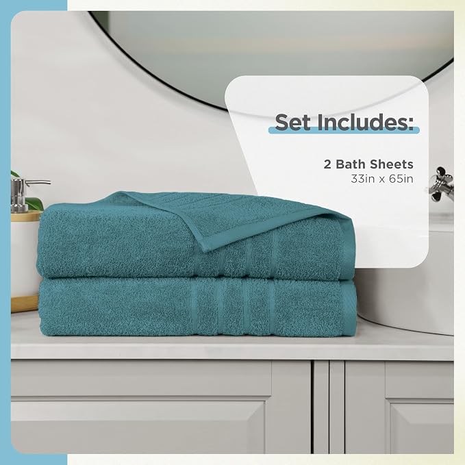 Martex 2-Pack Ultimate Performance Bath Sheet Set, Larkspur Teal, 33" x 65" | 100% Cotton, Extra Large Bath Towels, Super Absorbent, Low-Linting, Supersoft