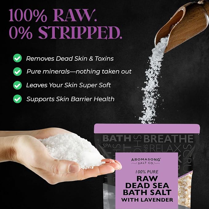 Aromasong Pure Raw Dead Sea Salt for Soaking with 100% Natural Lavender, 5 LB - Spa Bath Salt Fine Grain - Body Wash Scrub - Soak for Women & Men- Bulk Resealable Pack