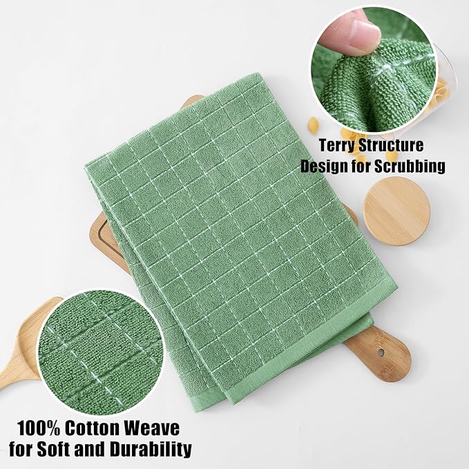 Homaxy 100% Cotton Terry Kitchen Towels(Grass Green, 20 x 28 inches), Checkered Designed, Soft and Super Absorbent Dish Towels, Large 6 Pack