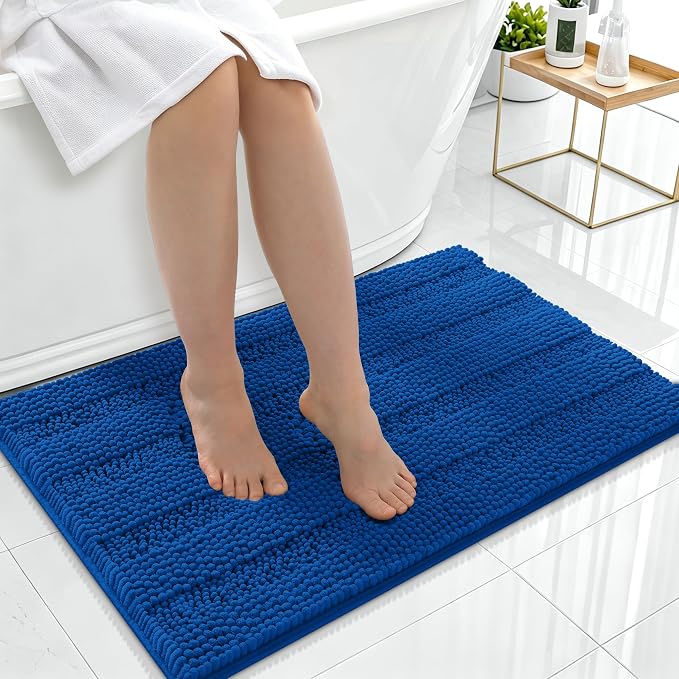 Smiry Thick Chenille Bathroom Rugs 36x24, Extra Absorbent Striped Bath Mat, Machine Washable, Rubber Backing, Bath Rugs for Bathroom, Tub & Shower, Home Decor Accessories, Deep Navy Blue