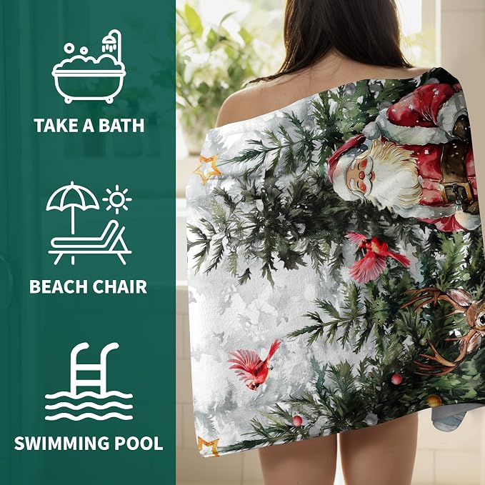 Winter Fleece Bath Towel Santa Claus Microfiber Decoration Bath Towel for Holiday Bathroom Decor