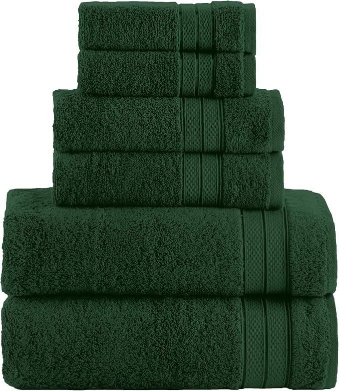 Elegant Comfort Luxury 6-Piece Towel Set, Premium Soft 100% Turkish Cotton, Three Line Popcorn Design 2 Bath Towels, 2 Hand Towels and 2 Washcloths Towel Set - Quick-Drying and Absorbent, Forest Green