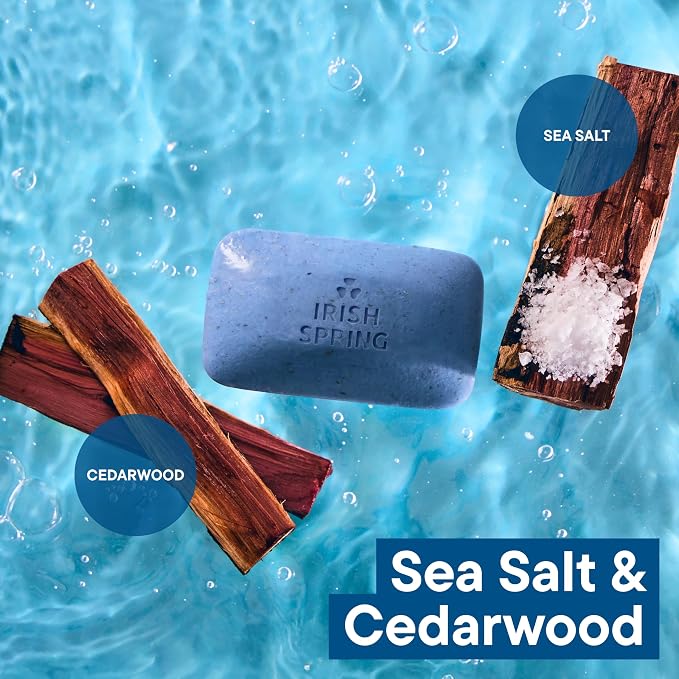 Irish Spring 3-in-1 Men’s Bar Soap Sea Salt & Cedarwood, Exfoliating Deep Clean Body Soap Bar and Face Cleanser, 3.7 oz Soap Bars, 24 Pack